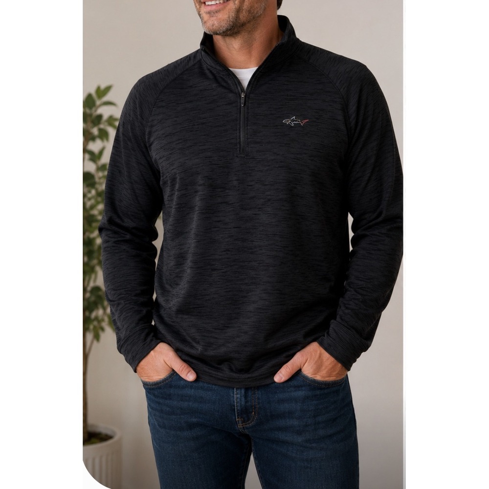 Greg Norman Mens XXL Black Heather Quarter Zip Pullover Shark Logo Golf Sweater